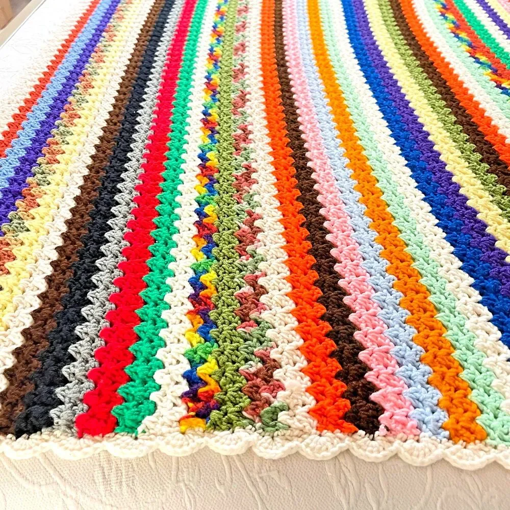 VTG Handmade Afghan Crochet Multicolor Striped 